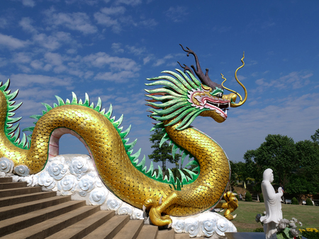 a sculpture of a golden mystical dragon on stairways in Buddist-Chinese temple, with clipping path の写真素材
