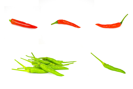 thai hot chilli pepper, red and green varieties, on white backgroundの写真素材