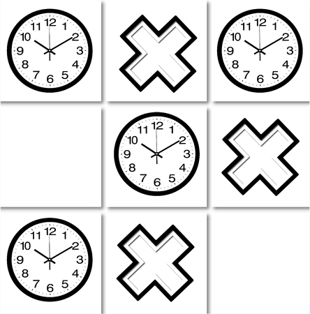 A tic tac toe pattern made of images of black and white layered crosses and wall clocks on white tile background. Illustration art.の写真素材
