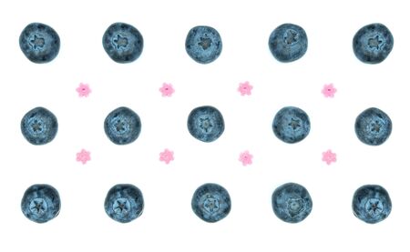 Fresh natural blueberries arranged in grid pattern on white  with tiny pink sugar flowers.
