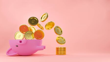 3d rendered illustration of  a halved pink piggy bank with gold coins flowing out of it to form a stack of money.   Pastel pink color background.の写真素材