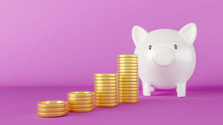 3d Rendered illustration of a white piggy bank with stacks of gold coins. Business and financial growth concept.の写真素材