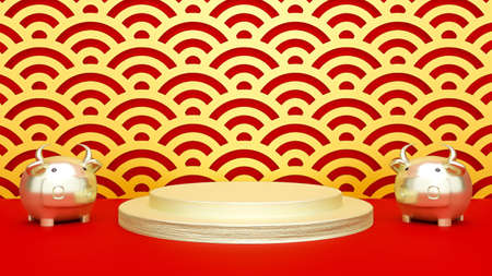 A 3D rendered illustration of zodiac ox models and golden podium or exhibition mock up stand with traditional Chinese gold and red pattern background.の写真素材