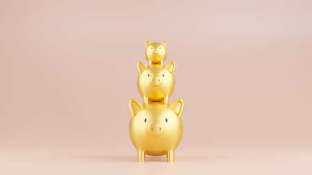 3D rendered illustration of three gold piggy banks in a stack.  Business and finance concept.の写真素材