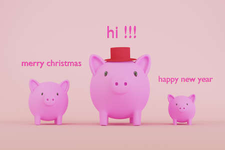 3D rendered illustration of cute pink piggy banks with joyful concept of greeting for a Merry Christmas and a Happy New Year.の写真素材