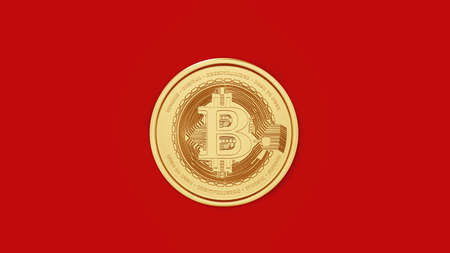 3D rendered illustration of a golden bitcoin on bright red background. Cryptocurrency concepts.の写真素材