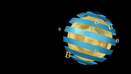 A 3d rendered illustration of a golden bitcoin cryptocurrency and textured blue globe on dark background. World bitcoin trading concepts.の写真素材