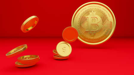 3D rendered illustration of a golden bitcoin and falling golden coins on  bright red background....