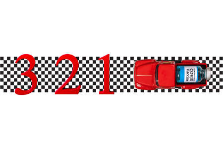 A red truck with a glass vaccine vial with numbers on a track indicating increase inocculation.