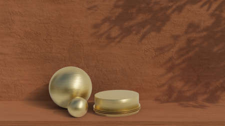 3D rendering illustration of gold product display podium on stone background.の写真素材