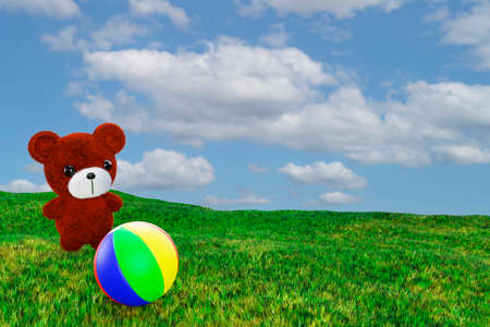 3d render illustration of cute toy bear playing ball on a field.の写真素材
