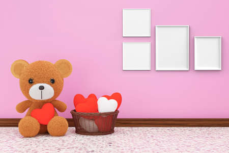 3d render illustration of toy bear model in a room with mock up picture flames.の写真素材