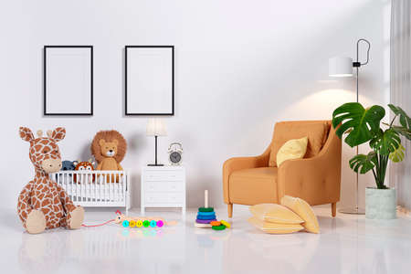 Mock up nursery room with white wall and picture frames. 3 d rendered image.