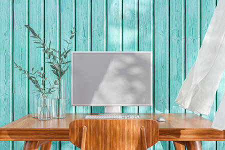 3d rendered illustration of a computer desktop with a mock up monitor.の写真素材