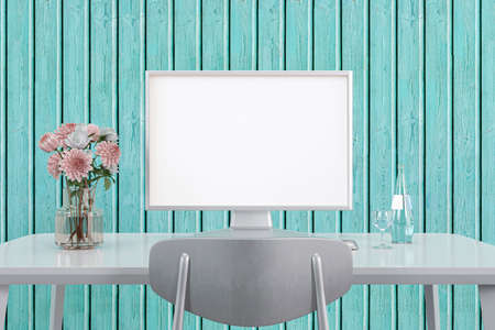 3d rendered working desk with modern computer monitor mockup.の写真素材