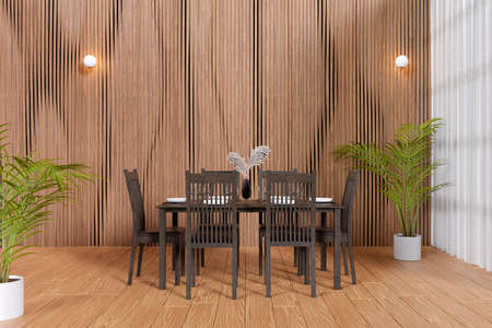 3d rendered dinning room with wood floor and decorative wood panel.の写真素材