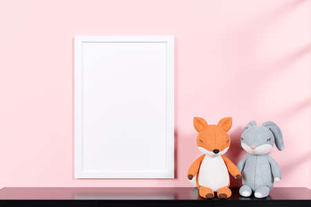 3d rendered picture frame mockup with stuffed toy animals.の写真素材