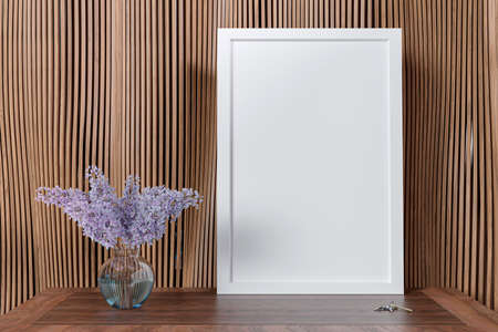 3d rendered picture frame mockup with flower vase.の写真素材