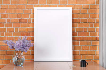 3d rendered picture frame mock up with flower vase.の写真素材