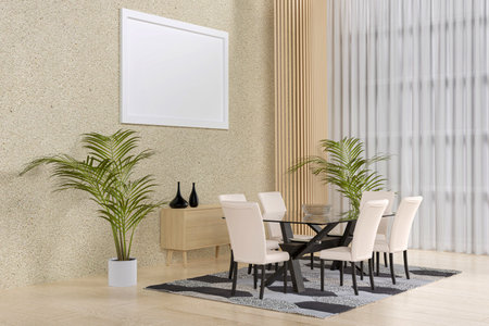 3d rendered dinning room with wood floor and decorative wood panel.の写真素材