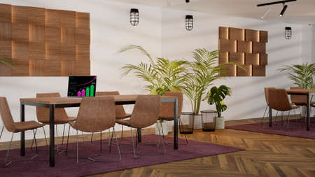 3d rendered office room with hard wood floor and wall to wall mirror.の写真素材