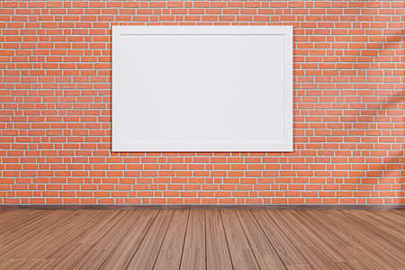 3d rendered large hall with brick wall and hard wood floor and mock up poster frame.の写真素材