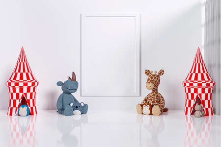 3d rendered kid room with large poster frame mock up.