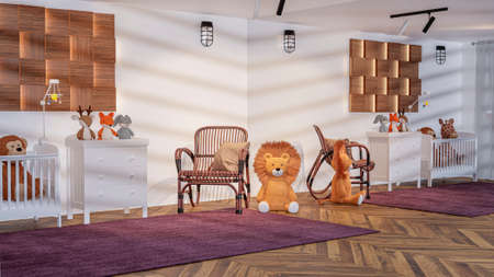 3d rendered baby room with white furnitures and large wall mirror.の写真素材