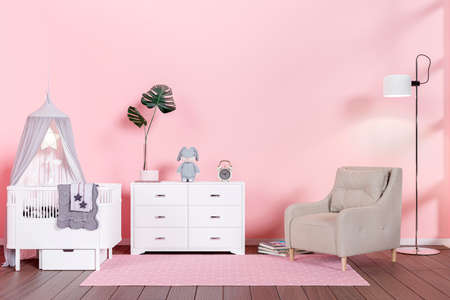 3d rendered baby room with cot bed and toys.の写真素材