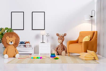 3d rendered baby room with cot bed and toys.の写真素材