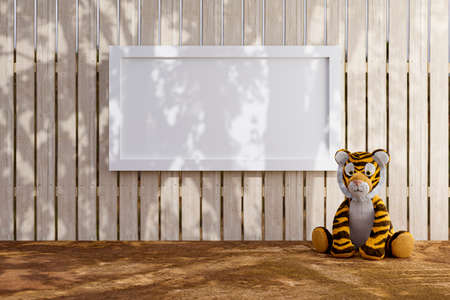 3d rendered illustration of a white picket fence with white mock up poster frame and stuffed toy...