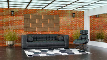 3d rendered illustration of a black leather sofa in a living room with red brick wall and wall mirror.の写真素材