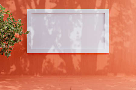 3d rendered illustration of an orange cray wall with white mock up poster frame.