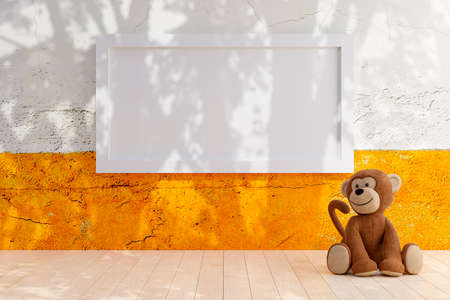 3d rendered illustration of a picture frame mock up with stuffed toy animal.