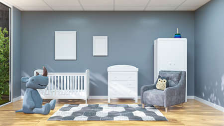 3d rendered illustration of a baby room with baby bed and large stuffed toy animalの写真素材