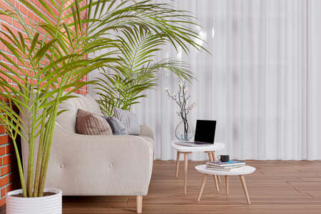 3d rendered illustration of a cozy sofa in a sunlit living room.の写真素材