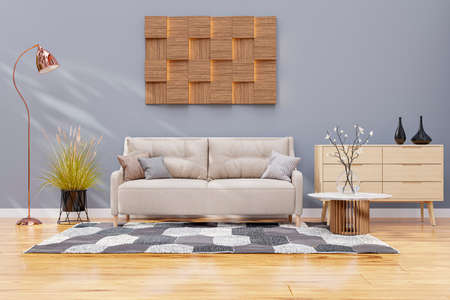 3d rendered illustration of a stylish modern living room with grey concrete wall.の写真素材