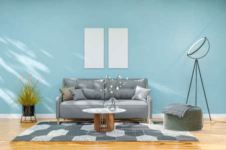 3d rendered illustration of a stylish modern living room with blue concrete wall.の写真素材