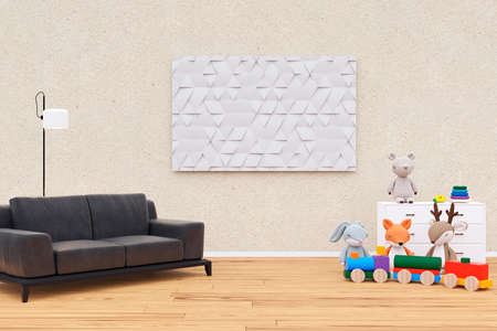Children playroom with stuffed toy animals. 3d rendered illustration.の写真素材