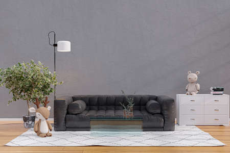 Sunlit living roon with black leather sofa.  3d redering illustration.