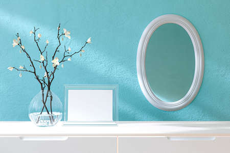 Picture frame mock up on a white sideboard and a wall mirror. 3d rendered illustration.の写真素材