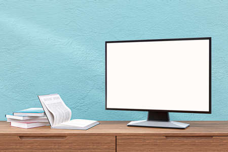 3d rendered illustration pf a blank computer screen on a woking table.の写真素材