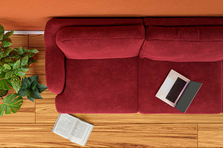 3d rendered illustration of a modern living room with red sofa and orange painted wall.の写真素材