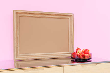Mockup picture frame on a wood cabinet. 3d rendered illustration.
