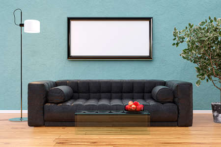 Interior living room decoration with mockup picture frame, 3d rendered illustration.