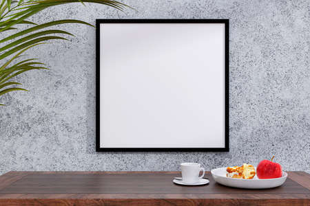 3d rendered illustration of a breakfast serving on a sunlit table by a wall with blank mockup frame.