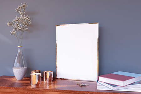 Mockup picture frame on a wood entry table. 3d rendered illustration.の写真素材