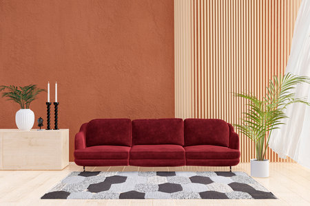 3d rendered illustration of a large red sofa sofa in a sunlit living room.の写真素材