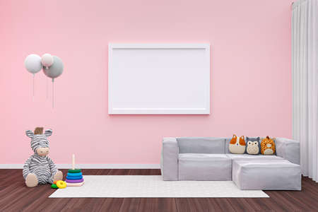 3d rendered illustration of  picture wall frame mockup in a pink wall children room.