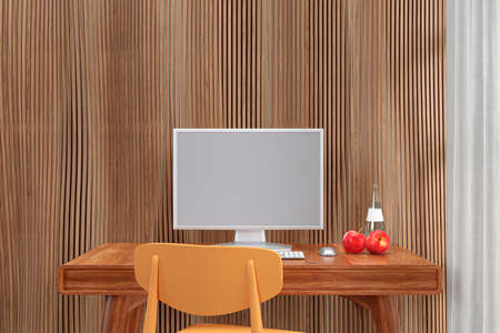 3d rendered illustration pf a desktop computer on a wooden woking table.の写真素材